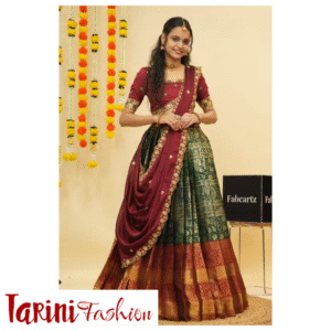 Maroon & Green Banarasi Silk Unstitched Half Saree / Lehenga Set with Embroidered Dupatta for Women – Wedding & Festive Wear | Tarini Fashion