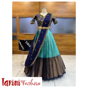 Navy Blue & Turquoise Banarasi Silk Unstitched South Indian Half Saree with Embroidered Blouse & Dupatta | Tarini Fashion