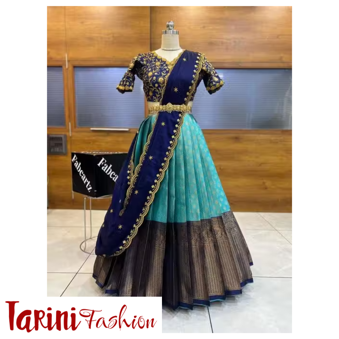 Navy Blue & Turquoise Banarasi Silk Unstitched South Indian Half Saree with Embroidered Blouse & Dupatta | Tarini Fashion