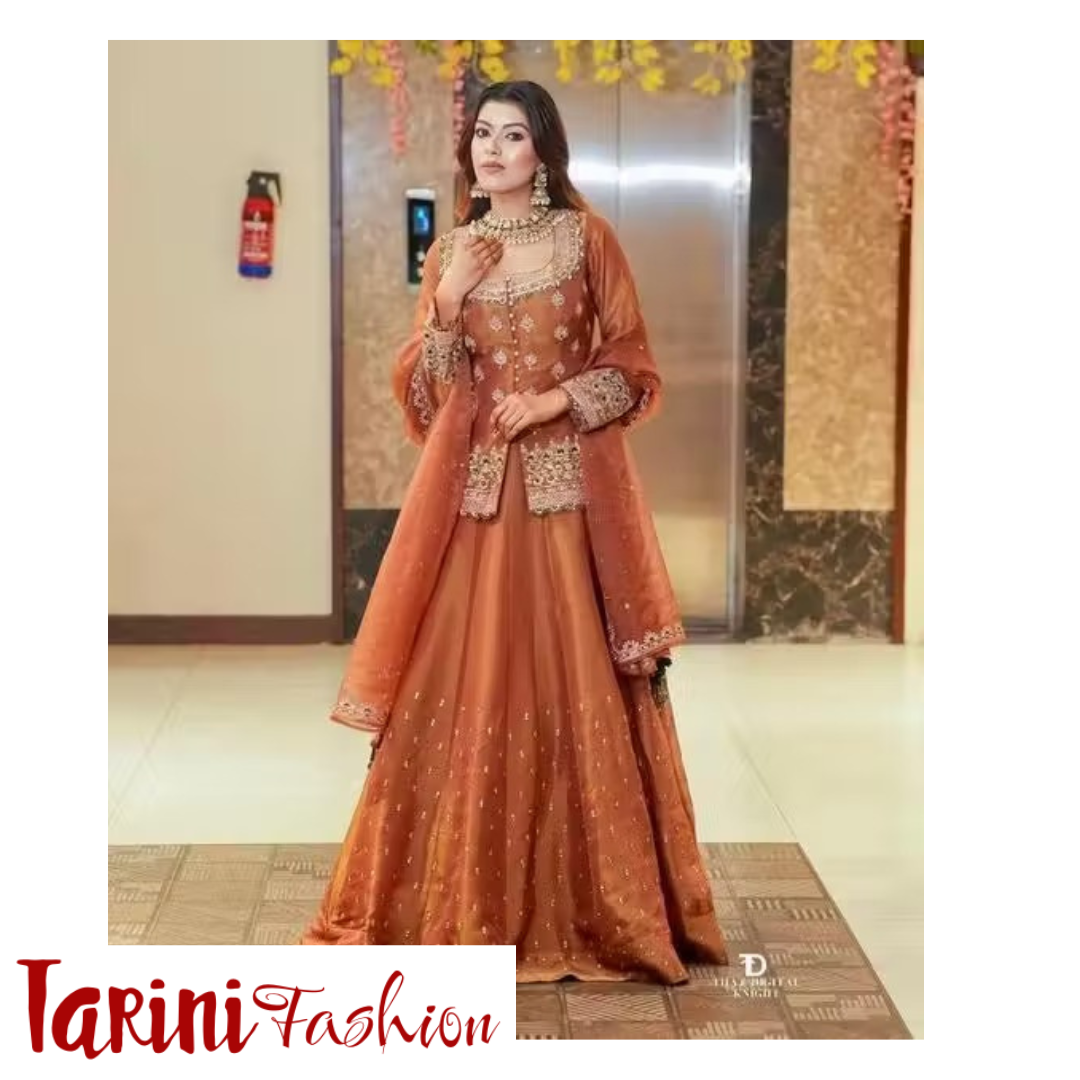 Designer Rust Orange Embroidered Peplum Lehenga Set with Dupatta – Tarini Fashion Exclusive