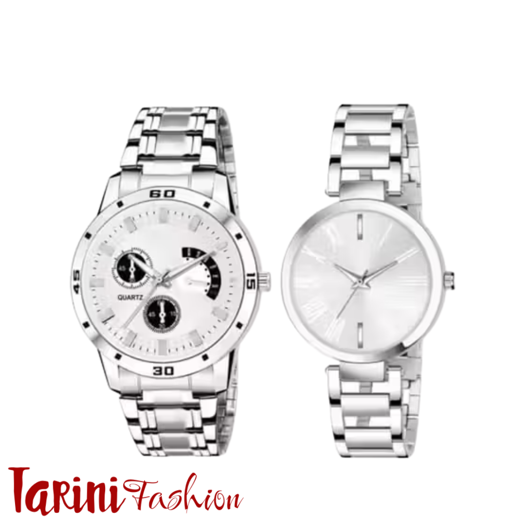 Silver Couple Watch Combo for Men & Women | Tarini Fashion