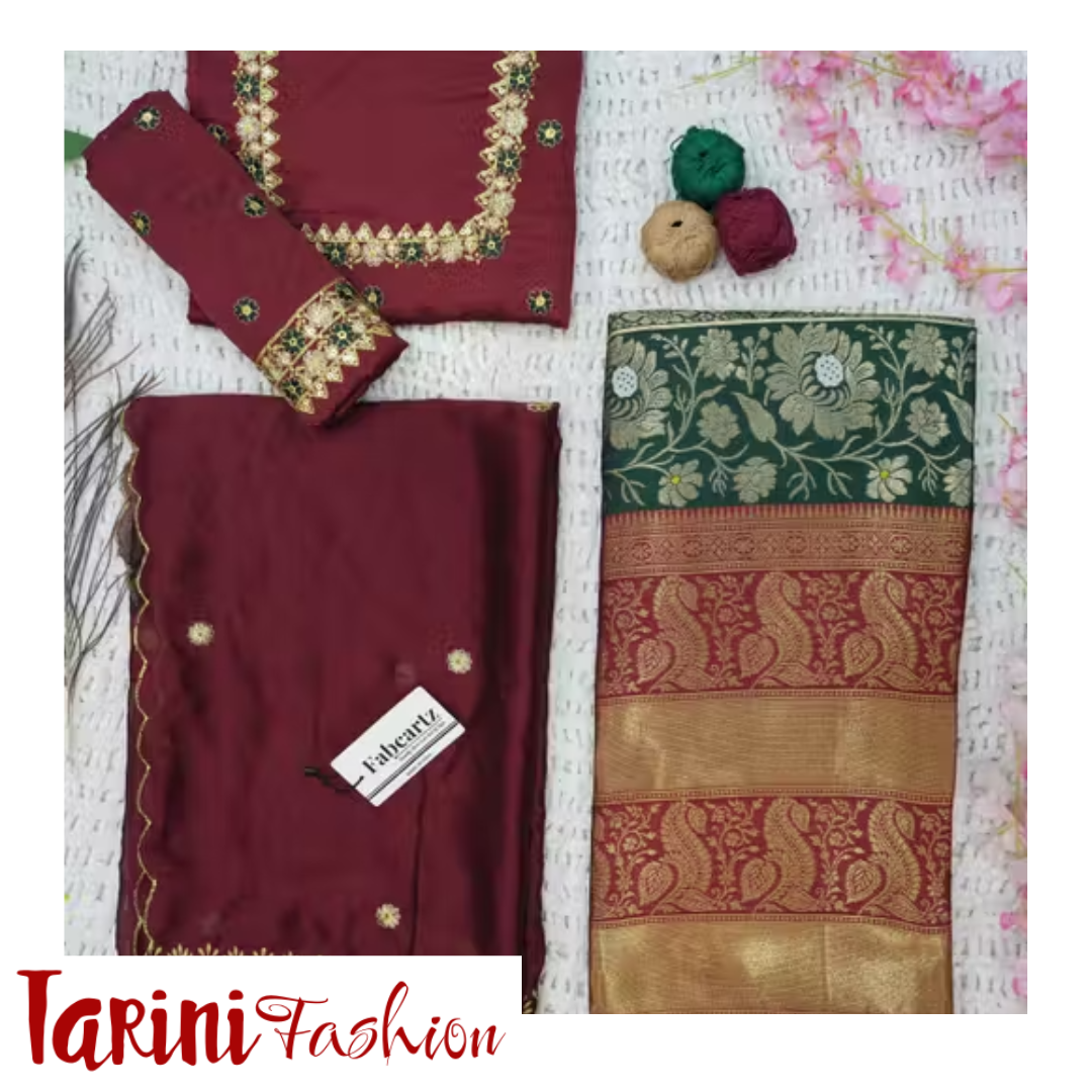 Maroon & Green Banarasi Silk Unstitched Half Saree / Lehenga Set with Embroidered Dupatta for Women – Wedding & Festive Wear | Tarini Fashion