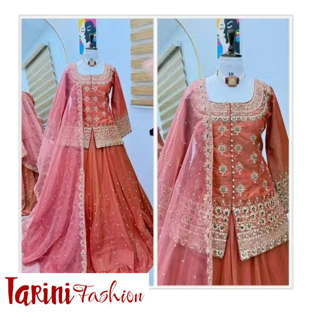 Designer Rust Orange Embroidered Peplum Lehenga Set with Dupatta – Tarini Fashion Exclusive - Image 4