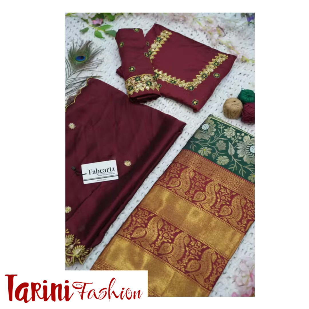 Maroon & Green Banarasi Silk Unstitched Half Saree / Lehenga Set with Embroidered Dupatta for Women – Wedding & Festive Wear | Tarini Fashion