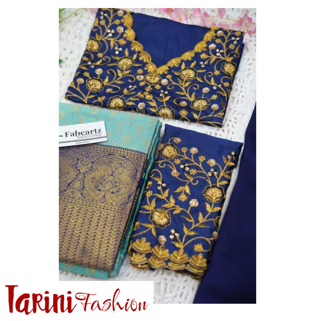 Navy Blue & Turquoise Banarasi Silk Unstitched South Indian Half Saree with Embroidered Blouse & Dupatta | Tarini Fashion