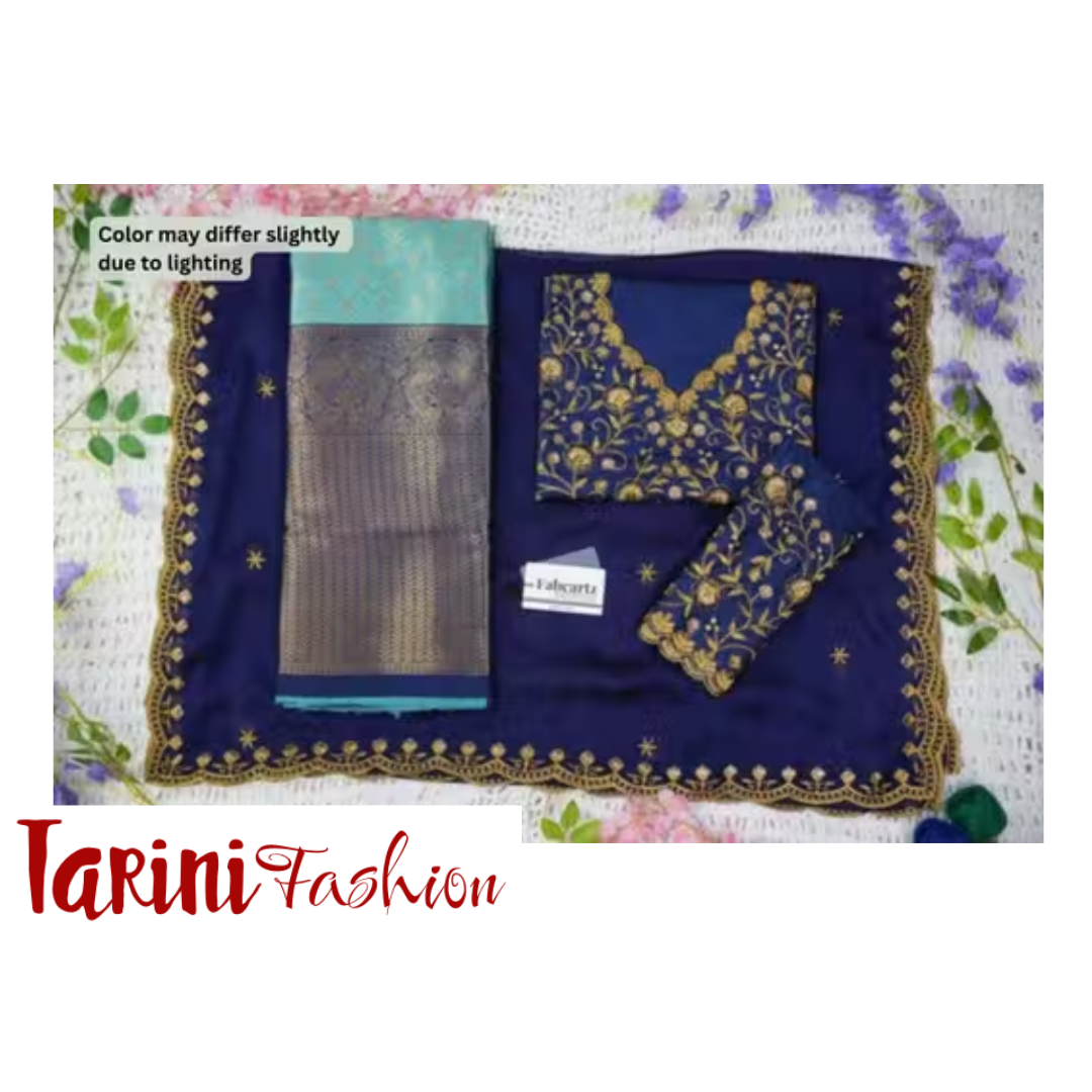 Navy Blue & Turquoise Banarasi Silk Unstitched South Indian Half Saree with Embroidered Blouse & Dupatta | Tarini Fashion