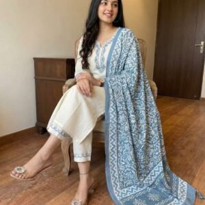 Elegant Off White Cotton Kurta Set with Blue Printed Dupatta for Women