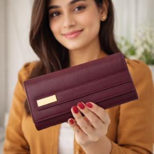 Elegant Women’s Burgundy Long Wallet with Multiple Compartments & Zipper Pockets